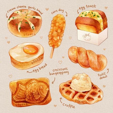 yd 🐻 on Instagram: "Some Korean street foods!" Aesthetic Delicious Food, Korean Aesthetic Drawing, Korean Street Food Illustration, Street Food Drawing, Korean Food Ideas, Cute Food Art Drawing, Korean Food Drawing, Food Ilustrasi, Aesthetic Food Drawing