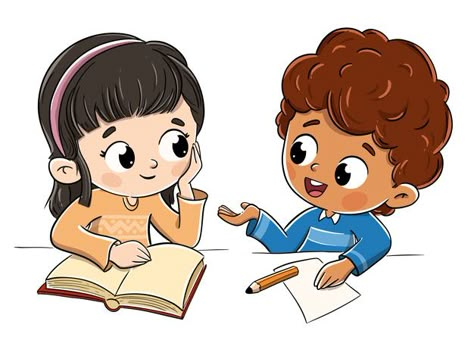 Boy and girl talking in class talking | Premium Vector #Freepik #vector #school #people #kids #education Writing Clipart, Teacher Reflection, Preschool Creative Art, Reading Cartoon, Education Clipart, Friends Clipart, Student Cartoon, Showing Respect, Kids Talking