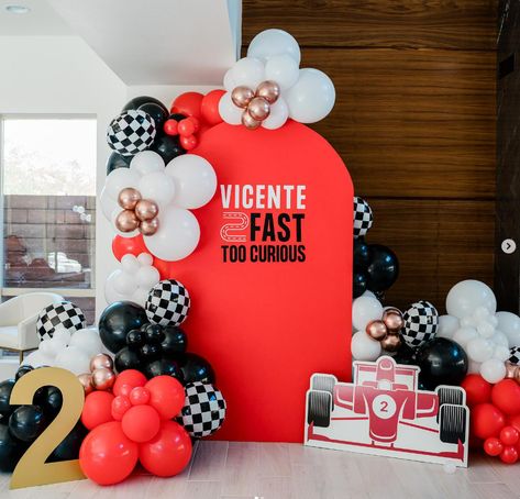 Formula One Theme Party, Fast One Birthday Backdrop, Formula 1 Party Theme, Formula 1 Party Decoration, F1 Party Theme, Formula 1 Balloon Decor, Ferrari Birthday Party Ideas, Formula 1 Party, Fast One Balloon Arch