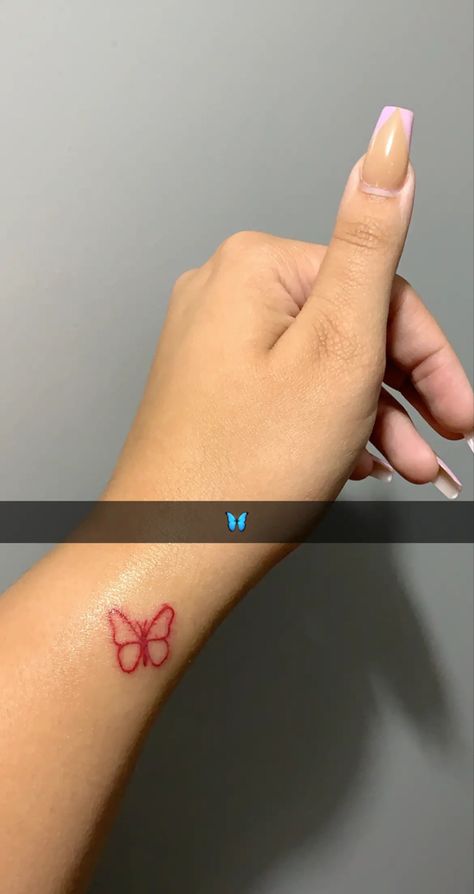 Aesthetic Tattoos Red Ink, Red Stick N Poke Tattoo, Cute Small Red Tattoos For Women, Tattoo Ideas Female Small Unique Hand, Red Ink Stick And Poke, Small Tats With Meaning, Stick And Poke Butterfly Tattoo, Butterfly Stick And Poke Tattoo, Butterfly Tattoo Stick And Poke