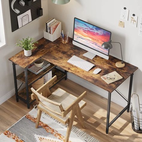 Wooden desk home office.
Spacious storage space: the 140D x 90W x 74H cm writing surface is a decent size to accommodate monitor, laptop, keyboard and desk accessories, while you are still able to have additional items close to the 2 shelves.
Reversible storage compartments: the corner desk is designed so flexible that the side panel can be attached on both sides, you can choose different installation directions according to your wishes. Small L Shaped Desk, Small Corner Desk, L Shaped Desk With Storage, Shelves Corner, Computer Desk With Shelves, Brown Desk, Desk Writing, Corner Computer Desk, Desk With Storage