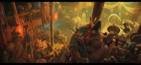 ArtStation - The Monster's tavern, yangyang sui #YangyangSui #digital #art #pig #myth #fantasy #concept #design #hotel #snake #restaurant #crowded #night #lights Fantasy Hotel, Dark Boy, Location Design, Mythical Beings, Old Blood, Hotel Concept, Restaurant Concept, Gathering Place, China Art