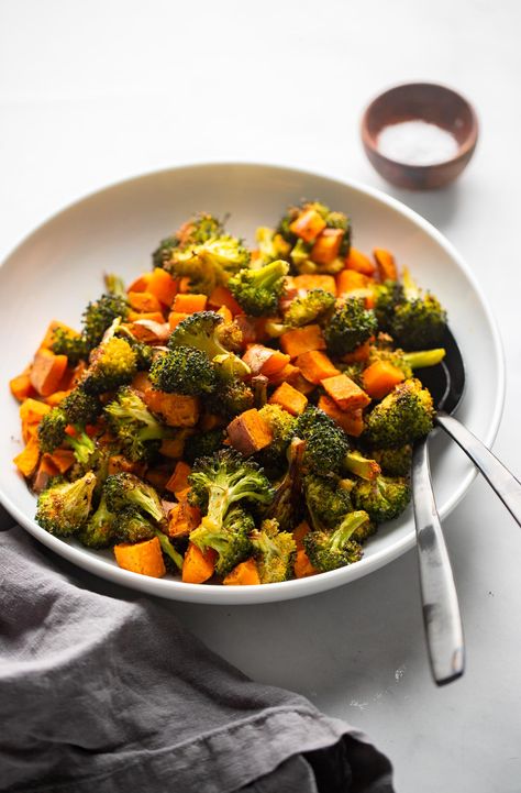 Roasted Sweet Potatoes and Broccoli Roasted Broccoli And Sweet Potatoes, Roasted Sweet Potatoes And Broccoli, Sweet Potatoes And Broccoli, Glucose Goddess, Potatoes And Broccoli, Protein Options, Garlic Broccoli, Grilled Sweet Potatoes, Shrimp And Broccoli