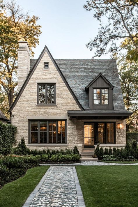 Cute Bungalow Exterior, Bedford Stone House Exterior, Building A House Aesthetic, Modern Traditional House Exterior, Stone And Wood House Exterior, Beautiful Cottage Homes, Timeless House Exterior, Cottage Core Exterior, Tudor Style Exterior