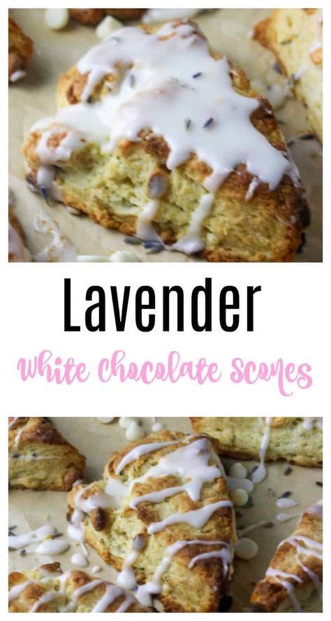 Lavender white chocolate scones with a lemon glaze Scones Gluten Free, White Chocolate Scones, Lavender Scones, Lemon White Chocolate, Dairy Free White Chocolate, Gluten Free Scones, Chocolate Scones, Lavender Recipes, Culinary Lavender