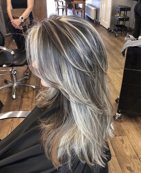 Frosty Highlights On Brown Hair, Grey Highlights Brown Hair, Brown Hair With Grey Highlights Silver, Silver Highlights Brown Hair, Grey And Blonde Highlights, Warm Grey Hair, Brown With Platinum Highlights, Hide Gray Hair With Highlights Brunettes, Gray Highlights Brown Hair