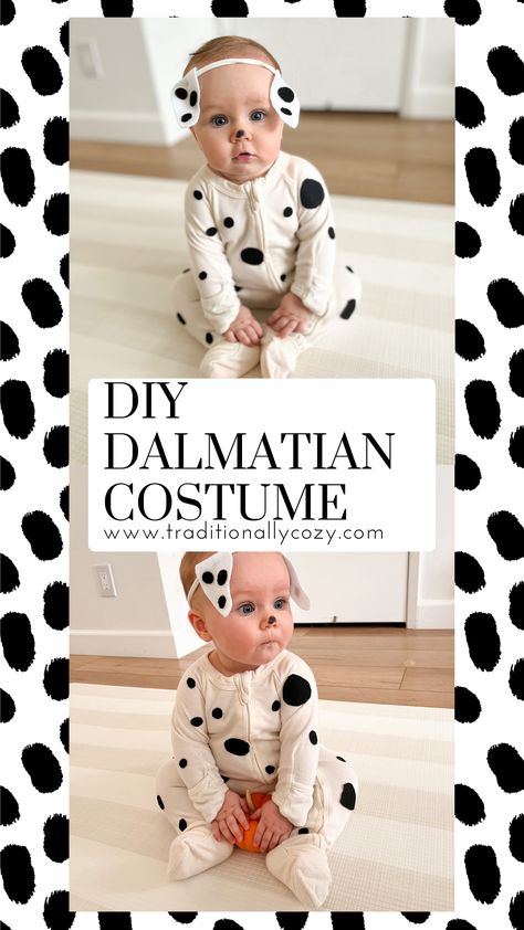 This quick and easy DIY Dalmatian costume is the perfect Halloween costume for babies and toddlers! No sewing required! Infant Dalmation Costume Diy, Infant Dalmation Costume, Easy Dalmation Costume, Newborn Dalmatian Costume, Easy Baby Boy Halloween Costumes Diy, Baby Dalmation Costume Diy, Homemade Dalmatian Costume, Diy Baby Dalmation Costume, Easy Diy Infant Halloween Costumes