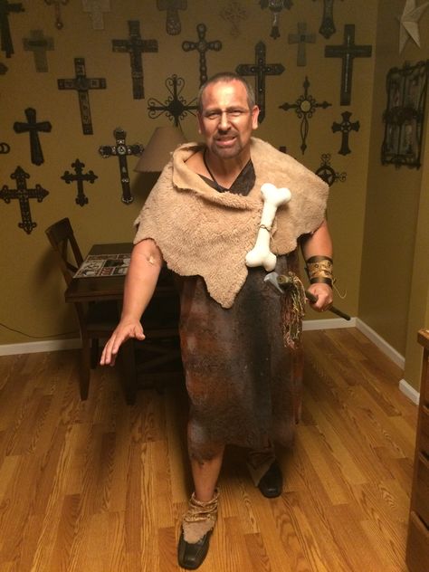 My husband in his caveman costume I made. Cave Men Costumes Women, Cave Person Costume, Caveman Outfit, Caveman Aesthetic, Cavewoman Costume Diy, Diy Caveman Costume, Caveman Costume Diy, Cave Woman Costume Diy, Cave People Costumes Halloween