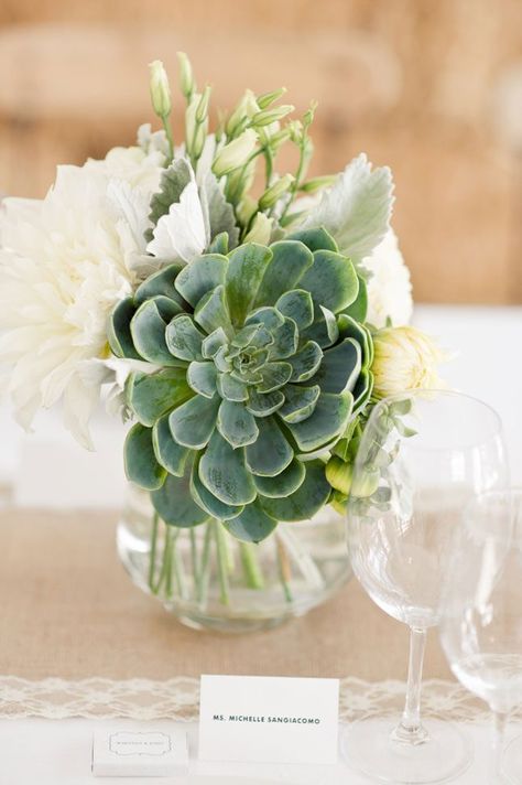 15 Gorgeous Pantone Wedding Ideas That Will Bring ALL the Greenery via Brit + Co Pantone Wedding, Natural Wedding Decor, Flowers And Greenery, Succulent Centerpieces, Unique Wedding Flowers, Succulent Wedding, Flower Centerpieces Wedding, Rustic Chic Wedding, Wedding Table Centerpieces