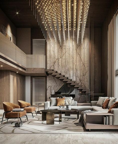 Double Height Staircase, Double Height Family Room, Double Height Lobby Ceiling Design, Living Room Double Height, Luxury Double Height Living Room, Double Height Living Room Modern Luxury, Minimalist Double Height Living Room, Double Height Lobby With Staircase, Kelly Hoppen Interiors