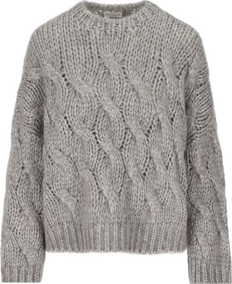 Brunello Cucinelli Cable-Knit Crewneck Jumper I Fall To Pieces, Grey Cable Knit Sweater, Chunky Cable Knit Sweater, Chunky Cable Knit, Loose Knit Sweaters, Cable Knit Jumper, Knit Sweaters, Airport Fashion, Loose Knit