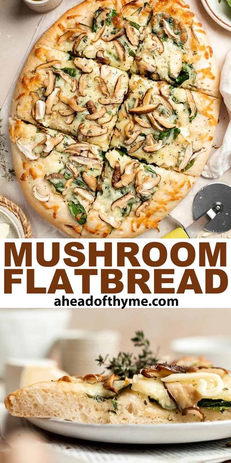 This Mushroom Flatbread with Spinach, made with homemade pizza dough, delicious truffle Italian cheeses, and perfectly cooked shiitake mushrooms, makes a perfect appetizer or simple dinner for a cozy night in. The earthy mushrooms balance the nutty cheese so well, and the fresh thyme takes the whole thing over the top! Just try this simple recipe, and you'll want to make mushroom flatbread pizzas all the time. | aheadofthyme.com #flatbread #mushroomflatbread #mushroompizza #veg via @aheadofthyme Mushroom Cheese Flatbread, Mushroom Focaccia Bread, Flatbread Burger, Mushroom Flatbread Recipes, Mushroom Flatbread, Mushroom Pizza Recipes, Flatbread Pizzas, 2024 Meals, Breaded Mushrooms