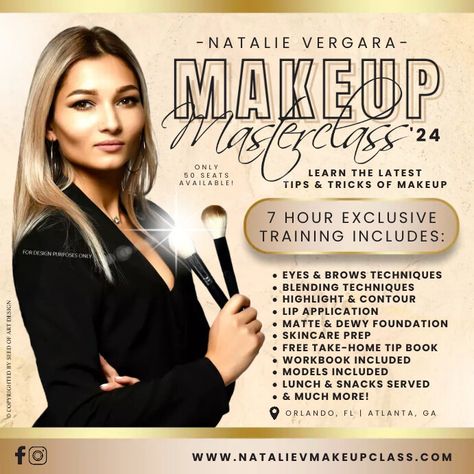 Makeup Training Flyer, Makeup Masterclass Poster, Makeup Masterclass Event, Masterclass Flyer Design, Makeup Class Poster Design, Frosty Pink Lipstick, Makeup Seminar, Makeup Artist Marketing, Learning Makeup