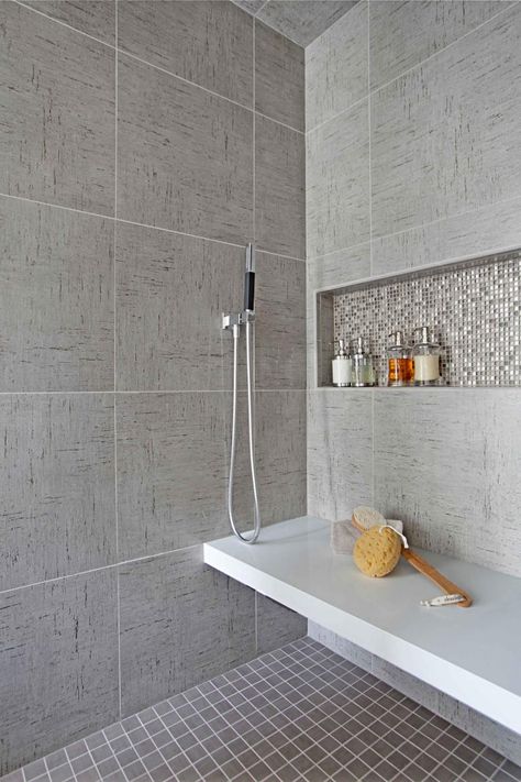 Built In Floating Shower Bench In Large Tile Gray Shower With Penny Tile Storage Cubby Rustic Bathroom Remodel, Glass Shower Wall, Guest Bathroom Remodel, Shower Storage, Master Shower, Retro Bathrooms, Shower Seat, Shower Bench, Floor Remodel