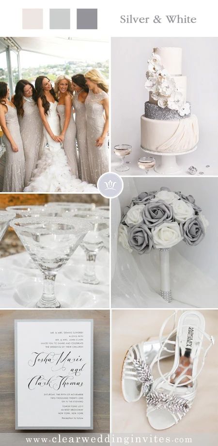 Silver and White Theme and Invites for a Winter Wedding – Clear Wedding Invites Wedding Colors For Winter, Grey Wedding Theme, Silver Wedding Theme, Wedding Theme Color Schemes, Silver Wedding Decorations, Timeless Color Palette, White Winter Wedding, Wedding Color Combos, Colors Inspiration