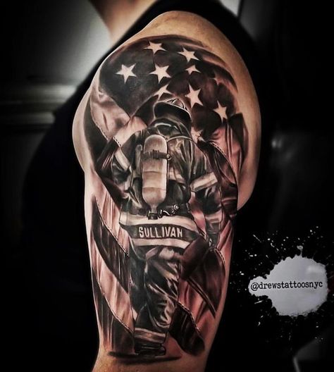 Firefighter Flag Tattoo, Fdny Tattoo, Fire Department Tattoos, Firefighter Tattoo Sleeve, Fireman Tattoo, Fighter Tattoos, Firefighter Tattoos, Fighter Tattoo, Ems Tattoos