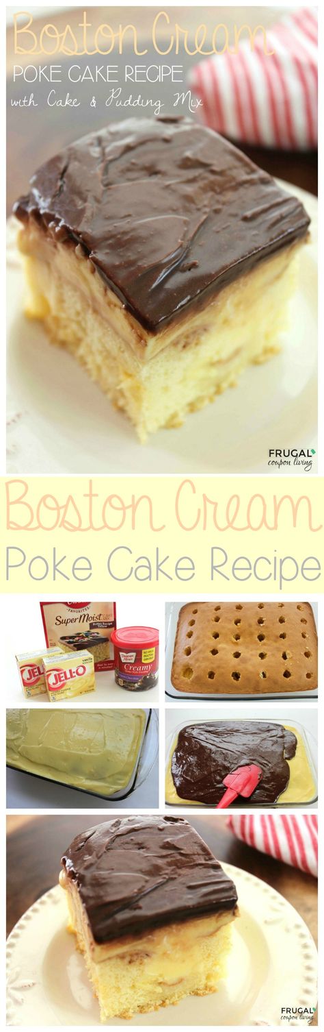 Boston Cream Poke Cake using Pudding Mix and Cake Mix on Frugal Coupon Living Boston Cream Poke Cake Recipe, Boston Cream Pie Poke Cake, Cheesecake Strawberries, Cream Poke Cake, Boston Cream Poke Cake, Weight Watcher Desserts, Coconut Dessert, Baked Cheesecake, Homemade Snickers