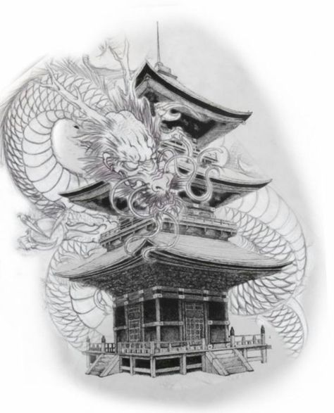 Japanese Temple Drawing, Japanese Temple Tattoo, Koi Tattoo Sleeve, Temple Tattoo, Tattoo Japanese Style, Girl Thigh Tattoos, Realistic Dragon, Dragon Tattoo Art, Chinese Dragon Tattoos