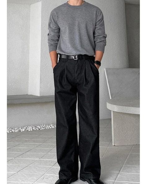 OH Basic Pleated Straight Jeans • Discover Trending Men's Fashion From Asia • Collection: OH Atelier . #koreanfashion #streetwear #streetfashion #outfitidea #styleinspo #mensfashion Black Dress Pants Men Outfits, Korean Baggy Outfits Men, Black And Grey Outfit Men, Black And White Outfit Ideas Men, Black Monochromatic Outfit Men, Men’s Church Outfit, Black Denim Outfit, Pants Korean Style, Church Fits