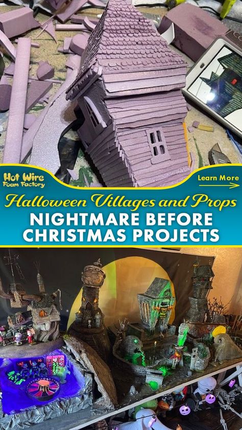 custom nightmare before christmas village pieces and halloween decorations made out of pink insulation foam Nightmare Before Christmas Village Diy, Nightmare Before Christmas Town Layout, Christmas Town Nightmare Before Christmas, Christmas Town The Nightmare Before Christmas, Nightmare Before Christmas Town, Cardboard Builds, Christmas Fountain, Nightmare Before Christmas Halloweentown, Nightmare Before Christmas Halloween Town