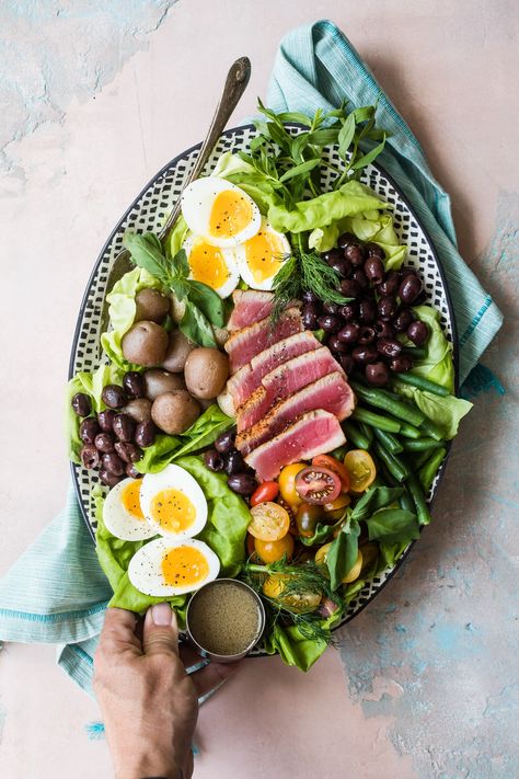 Fresh and easy to make, this seared ahi tuna nicoise salad is perfect for any summer parties or picnics you might have planned. It's loaded with flavor including perfectly made soft boiled eggs! #nicoise #salads #tunanicoise Composed Salad, Tuna Nicoise Salad, Seared Ahi Tuna, Healthy Foods To Make, Mustard Vinaigrette, Seared Ahi, Fresh Tuna, Seared Tuna, Nicoise Salad