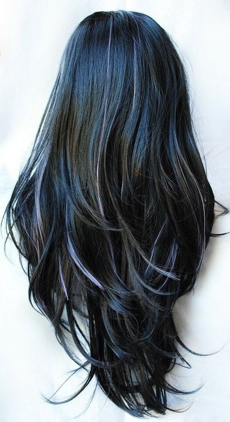 Lavender Hair, Blue Highlights, Long Black Hair, Long Wigs, Grunge Hair, Dream Hair, Hair Stuff, Great Hair, Grey Hair