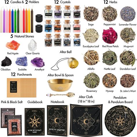 Amazon.com: Wyspell Large Witchcraft Kit 65 PCS - Witch Altar Spell Kit - Wiccan Supplies and Tools - Witch Set for Beginners Witchcraft Supplies Kit : Home & Kitchen Candles Spells, Beginners Witchcraft, Ritual Herbs, Witch Altar, Witchcraft Candles, Witchy Room, Herb Candles, Witch Board, Witch Tools