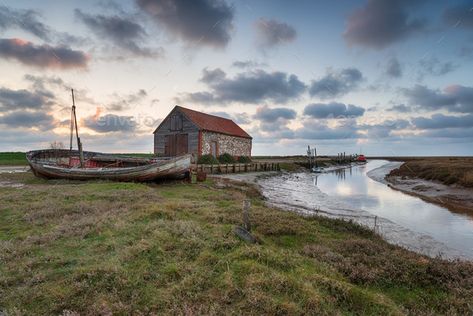 Thornham in Norfolk by flotsom. Moody sunset over the old harbour at Thornham on the Norfolk coast #AD #flotsom, #Norfolk, #Thornham, #Moody Norfolk Coast, Im Leaving, Watercolour Inspiration, Seaside Beach, Landscape Photography Nature, Pretty Landscapes, New Forest, Beach Hut, Fishing Boats