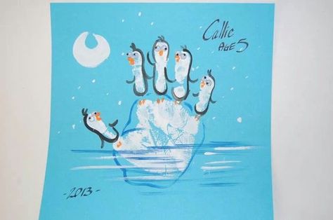 Handprint Penguins on a Iceburg....such a fun craft for the kids to make! Penguin Crafts Preschool, Penguin Crafts, Penguin Craft, Footprint Crafts, Footprint Art, Handprint Crafts, Daycare Crafts, Winter Crafts For Kids, E Mc2