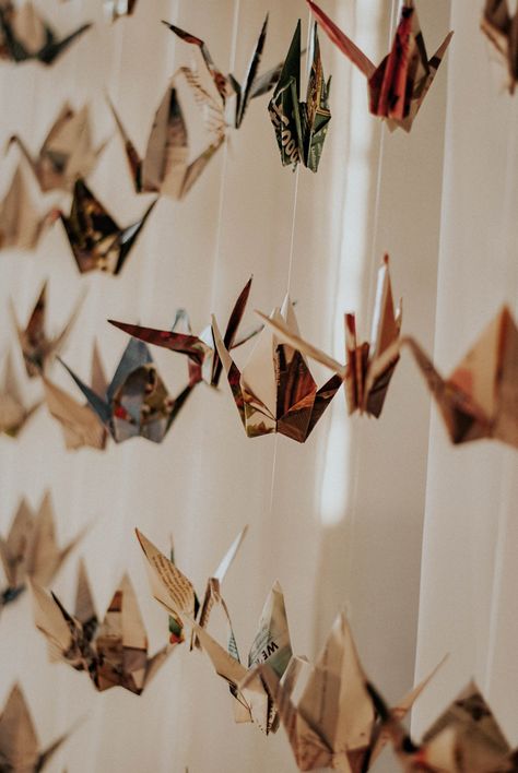 Recycled Wedding Decor, Wedding Paper Cranes, Origami Crane Wedding, Ethereal Moodboard, Paper Cranes Wedding, Evermore Wedding, Wall Covering Ideas, Paper Crane Wedding, Wedding Paper Flowers