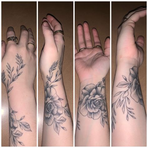 A tattoo of a woman’s rose with leaves which wraps around the wrist Floral Inside Wrist Tattoo, Rose Wrist Tattoo Wrap Around, Rose Tattoo Wrapped Around Arm, Floral Inner Wrist Tattoo, Wrist Filler Tattoo, Wrap Around Rose Tattoo, Inner Wrist Cover Up Tattoos For Women, Tattoos That Wrap Around Arm, Under Forearm Tattoo Women