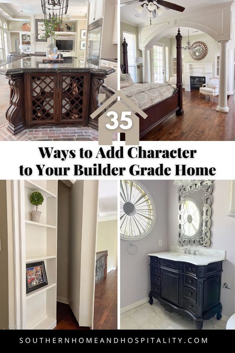 Ideas to add character, charm, and historic interest to your builder grade home that work whether you have a cookie cutter new house, or an older one that needs a dose of personality! Add Character To Builder Grade Home, Southern Traditional Home, Elegant Mantel, Circle House, Window Seat Storage, Basement Decorating, Styling Shelves, Southern Traditional, Wine Bar Cabinet