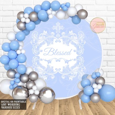 Baptism Round Backdrop Blessed Background Blue Cross Boy First Holy Communion Baby Shower Party Decoration Christening Photography Digital Blessed Background, Baptism Backdrop, Christening Photography, Baby Shower Chalkboard, Christening Party, Round Backdrop, Printable Party Decorations, Background Blue, Blue Cross