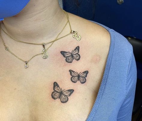 Butterfly Tattoo On The Shoulder, Tattoo Ideas Female Chest Side, Types Of Butterfly Tattoos, Pretty Chest Tattoos For Women, Small Tattoo On Chest, Left Chest Tattoo Female, Small Butterfly Tattoo On Chest, Colar Bone Butterfly Tattoo For Women, Butterflies On Chest Tattoo