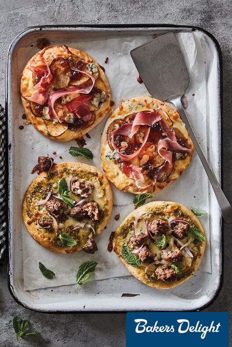 Mini Pizza Aesthetic, Mini Pizza Ideas, Gourmet Pizza Toppings, Prosciutto Pizza Recipes, Athlete Diet, Pizza Photography, Lamb Kofta, Cob Loaf, Bakers Delight