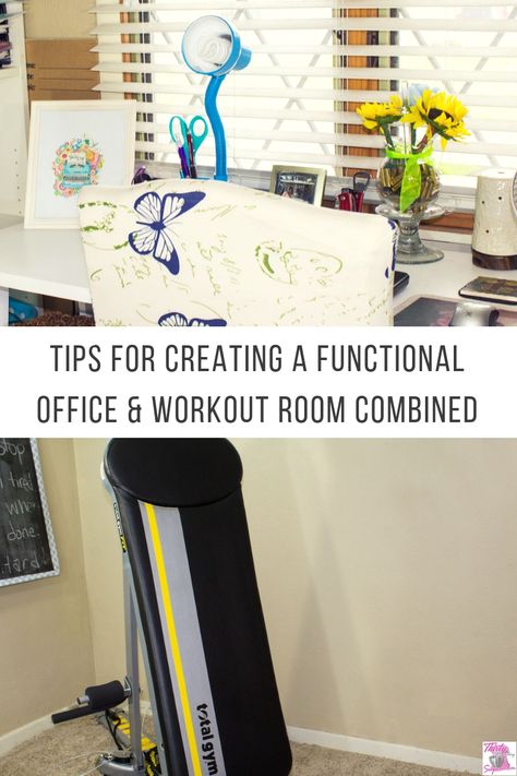 Tips for Creating a Functional Home Office & Workout Room Combined - ThirtySomethingSuperMom Home Office And Workout Room, Office Exercise Room Combo, Workout And Office Room Ideas, Home Office Workout Room, Office And Workout Room, Home Office Workout Room Combo, Home Gym And Office Combo, Gym Office Combo, Home Office And Gym Combo