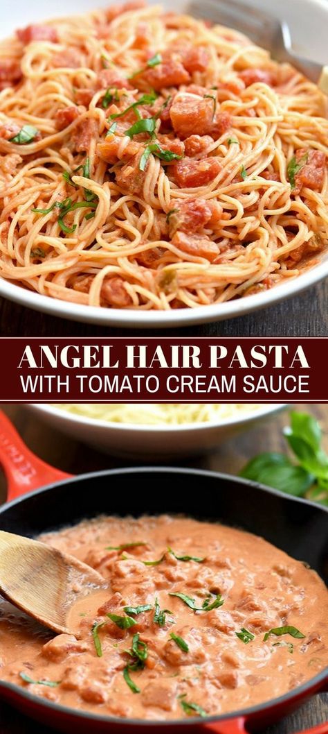 Angel Hair Pasta with Tomato Cream Sauce loaded with chunky tomatoes, velvety mascarpone, and fresh basil is the ultimate comfort food. Easy to make and ready in minutes, it's perfect for weeknight dinners! Pasta With Tomato Cream Sauce, Tomato Cream Sauce Pasta, Basil Spaghetti, Seared Salmon Recipes, Tomato Cream Sauce, Angel Hair Pasta, Comfort Food Southern, Comfort Food Recipes Dinners, Comfort Food Recipes