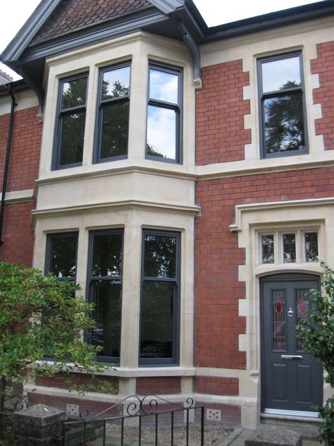 Solar Windows heritage installation Red Brick House Window Colours, Red Brick Black Windows, Red Brick Victorian House, Rehau Windows, 1930s Windows Uk, Colonial Porch, Red Brick Victorian House Exterior Uk, House Frontage, Bay Window Exterior