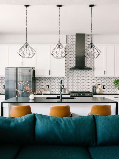 White Kitchen With Color, Kitchen With Color, Black And White Backsplash, Hexagon Tile Backsplash, White Kitchen Renovation, Cambria Countertops, Black White Kitchen, Black And White Kitchen, White Kitchen Backsplash