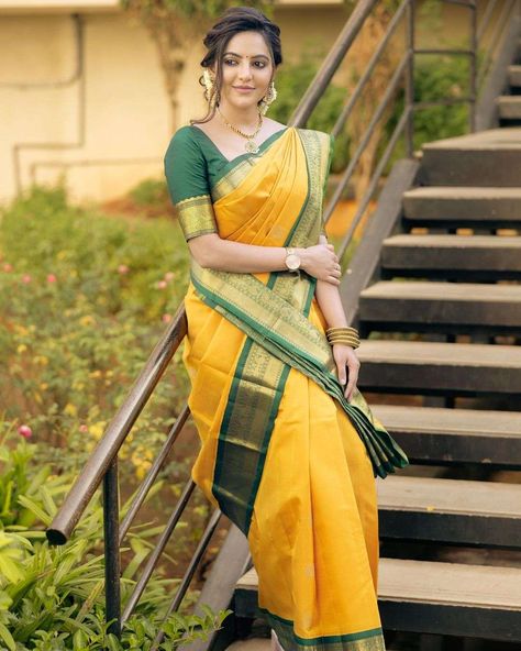 Yellow Kanchipuram Saree, Yellow Silk Saree, Athulya Ravi, Gorgeous Saree, Yellow Color Combinations, Blue Blouse Designs, Simple Frock Design, Saree Looks, Simple Frocks