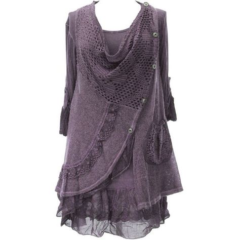 Ladies Womens Italian Lagenlook Quirky Layering Side Button 2 Piece... ❤ liked on Polyvore featuring tops, tunics, lace knit top, layered tops, long sleeve tunic, lacy tops and long sleeve lace top Clothes Plus Size, Estilo Hippie, Stil Boho, Mode Boho, Plus Size Summer, Garter Stitch, Long Sleeve Tunic, Mode Inspiration, Upcycle Clothes