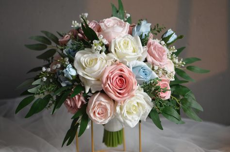 Faux Bridal Wedding Bouquet Dusty Blue & Rose Pink Faux - Etsy Ireland Dusty Blue Wedding Bouquet, Wedding Bouquet Green, Homecoming Bouquet, Bouquet Dusty Blue, Rose Peonies, Bouquet Green, Green Wedding Bouquet, Bridal Wedding Bouquet, Blue Wedding Bouquet