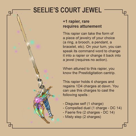 Dnd Magic Jewelry, Dnd Rapier Item, Rapier Design Dnd, Fantasy Items Art, Homebrew Items, Nebelung, Dnd Items, Magical Items, Dungeon Master's Guide