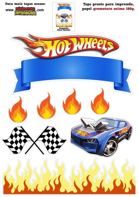 Hot Wheels Cake Topper Printable Free, Hot Wheel Printables, Hot Wheels Cupcakes, Hot Wheels Themed Birthday Party, Bolo Hot Wheels, Christmas Stickers Printable, Blaze Birthday Party, Monster Jam Party, Hot Wheels Cake