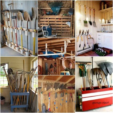 Many types of storage options are available for long handled tools. All you need to do is look at creative ways to store shovels, rakes, and vertical gear. Rake Storage Ideas, Rake Storage, Types Of Storage, Garden Tool Rack, Garden Tool Organization, Garage Storage Solutions, Yard Tools, Tool Storage Diy, Garden Tool Storage