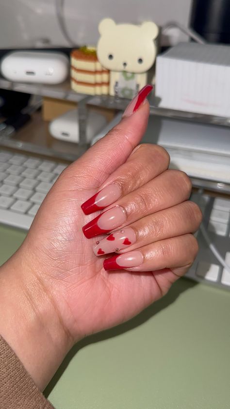 red nails valentine’s day Red V Shape Nails, Coffin Shaped Valentines Day Nails, Valentines Nails Ballerina Shape, Valentines Nails Acrylic French Tips, Red Acrylic Nails Coffin Medium Length, Valentines Day Nails Coffin Shape, Red Nails Coffin Medium, Red Nails Medium Length, Medium Length Red Nails