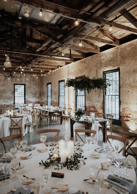 industrial bohemian wedding reception in brick building. Round tables, greenery, string lights Bohemian Wedding Reception, Industrial Wedding Inspiration, Rustic Wedding Decorations, Summer Bride, Simple Centerpieces, Green Wedding Shoes, Wedding Cake Designs, Decor Minimalist, Greenery Wedding