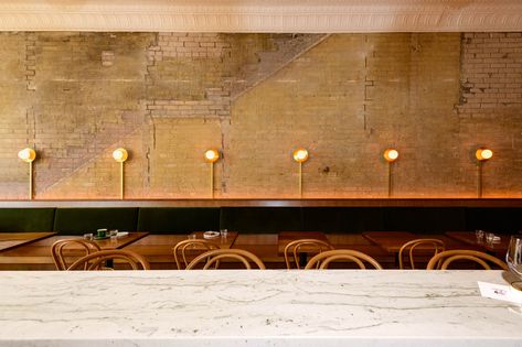 ONO uses charm and quirk for Michigan wine bar White Oak Bench, Wine Glass Shelf, Yabu Pushelberg, Oak Bench, Glass Structure, Venetian Plaster, Bentwood Chairs, Exposed Brick Walls, Tin Ceiling