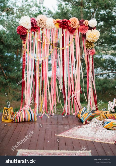 Pom Pom Flower, Flower Balls, Wedding Bunting, Boda Mexicana, Ribbon Decorations, Orange County Wedding, Flower Ball, Wedding Ribbon, Wedding Chairs