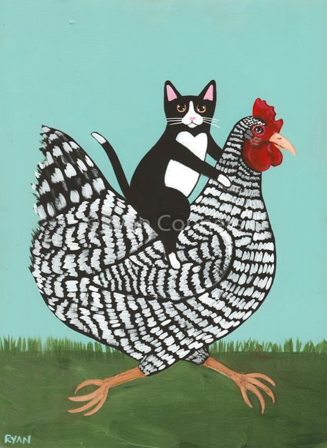 Cat Riding, Folk Cat, Chicken Folk Art, Folk Art Painting Whimsical, Folk Art Animals, Tuxedo Cat Art, Folk Art Cat, Chicken Painting, Tuxedo Cat